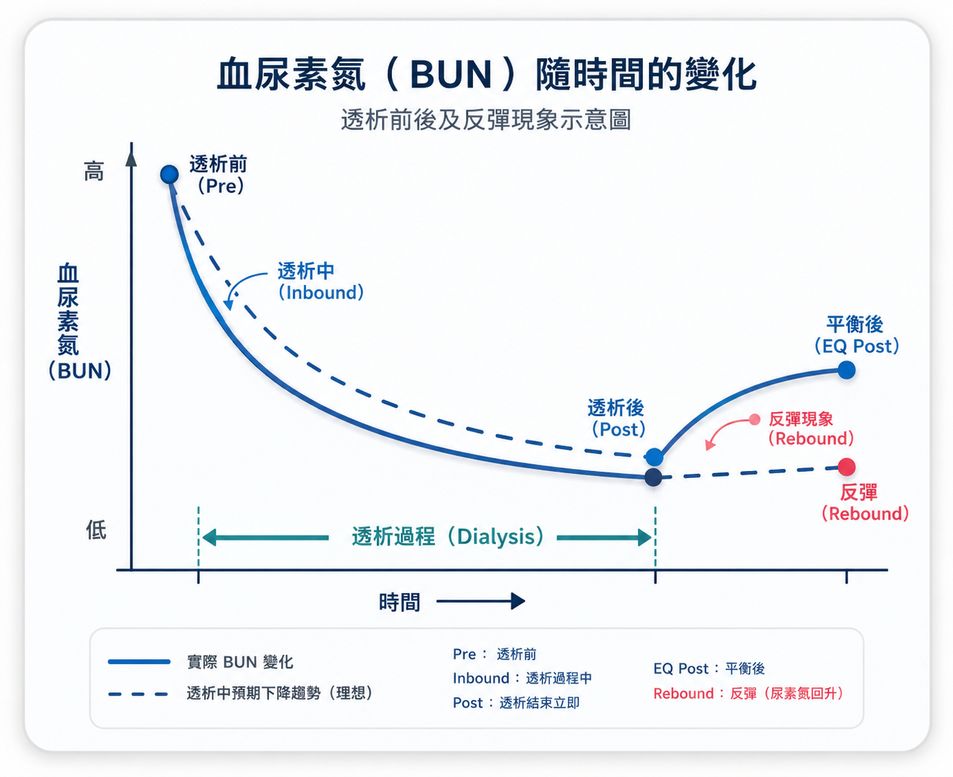 透析前後的 BUN 變化、洗後反彈與平衡後抽血時間點